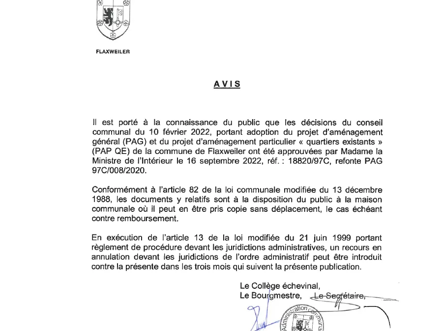 Avis – Adoption du PAG et PAP QE