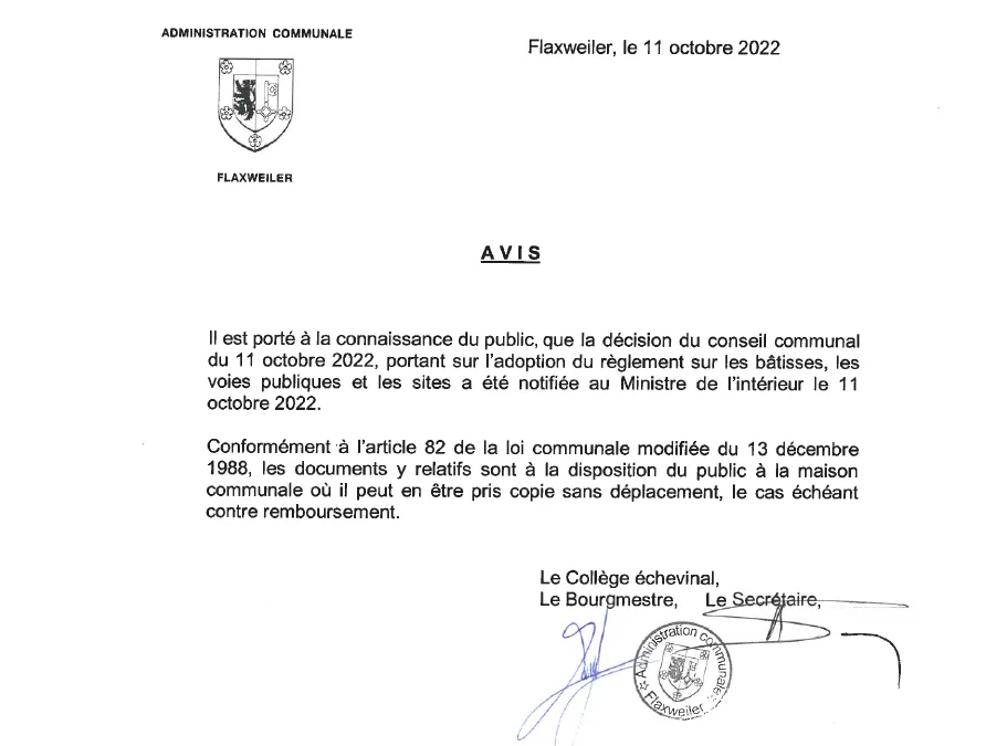 Avis – Adoption du règlement sur les bâtisses, les voies publiques et les sites