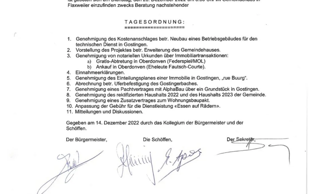 Tagesordnung der Gemeinderatssitzung – 20.12.22