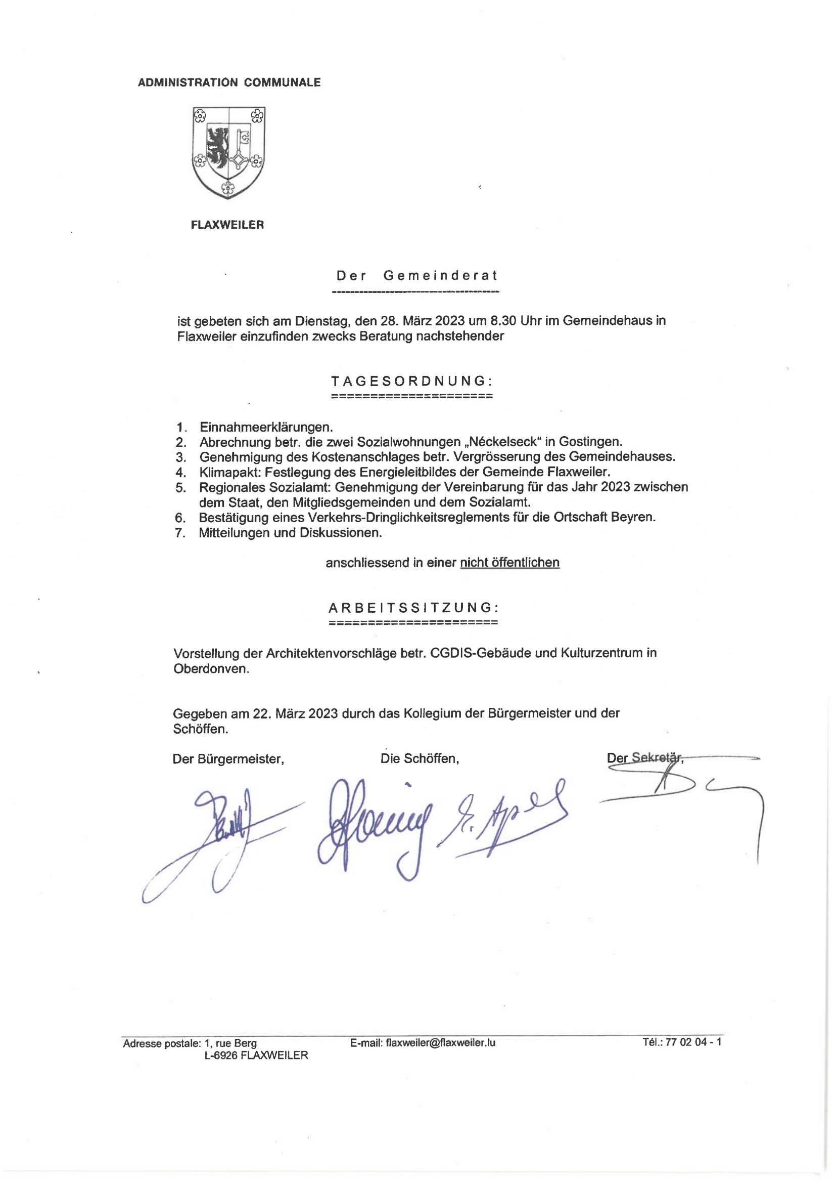 Tagesordnung der Gemeinderatssitzung – 28.03.23