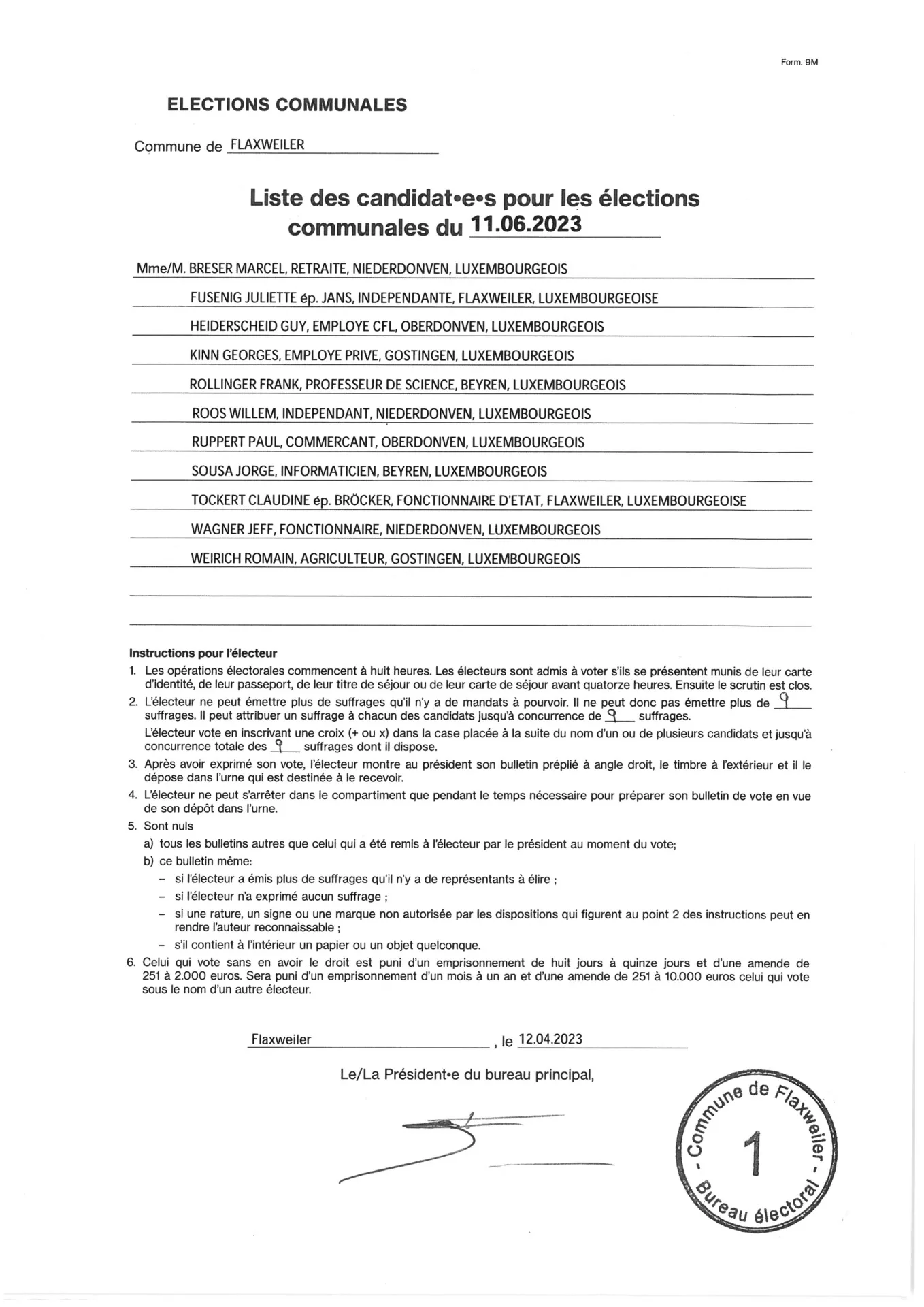 Liste des candidats pour les élections communales 2023