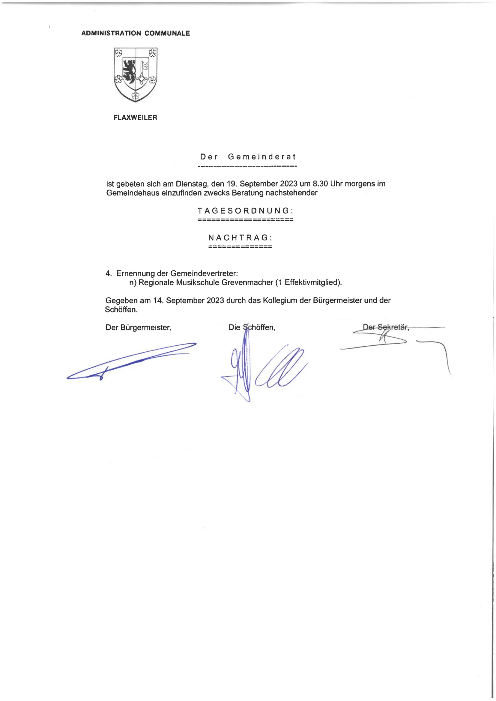 Tagesordnung - Gemeinderat - Flaxweiler 19.09.23 - Nachtrag-1
