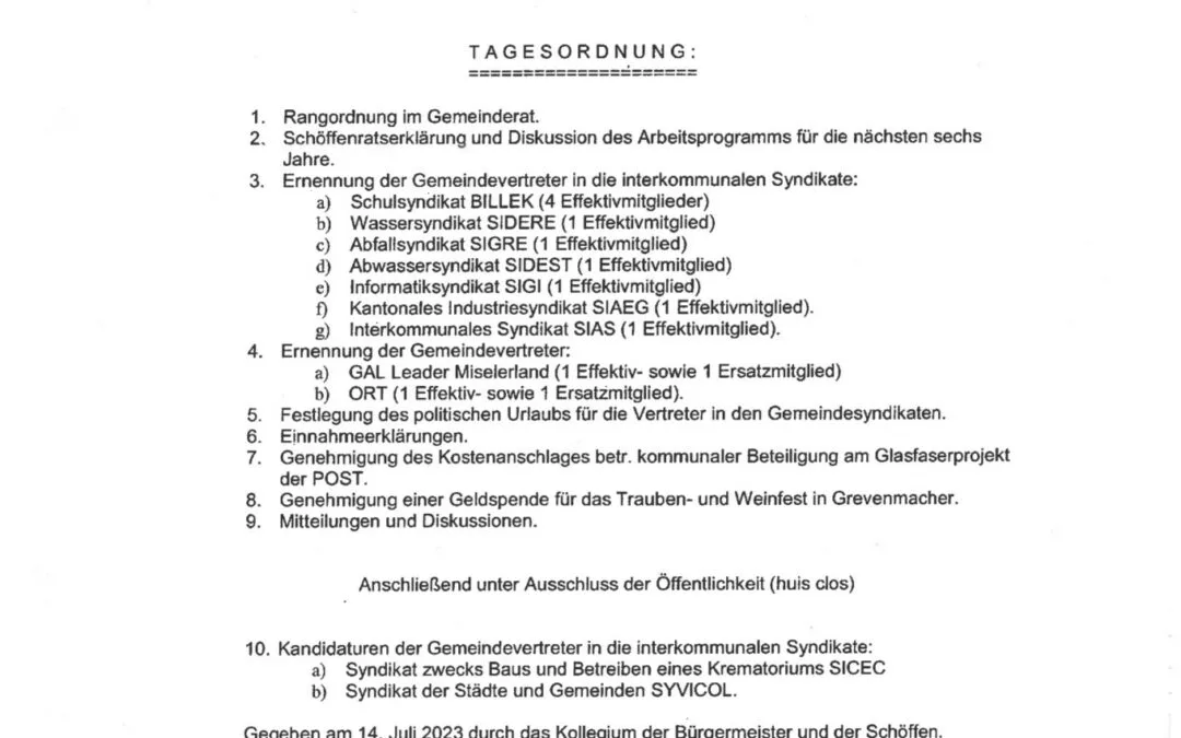 Tagesordnung der Gemeinderatssitzung – 20.07.23