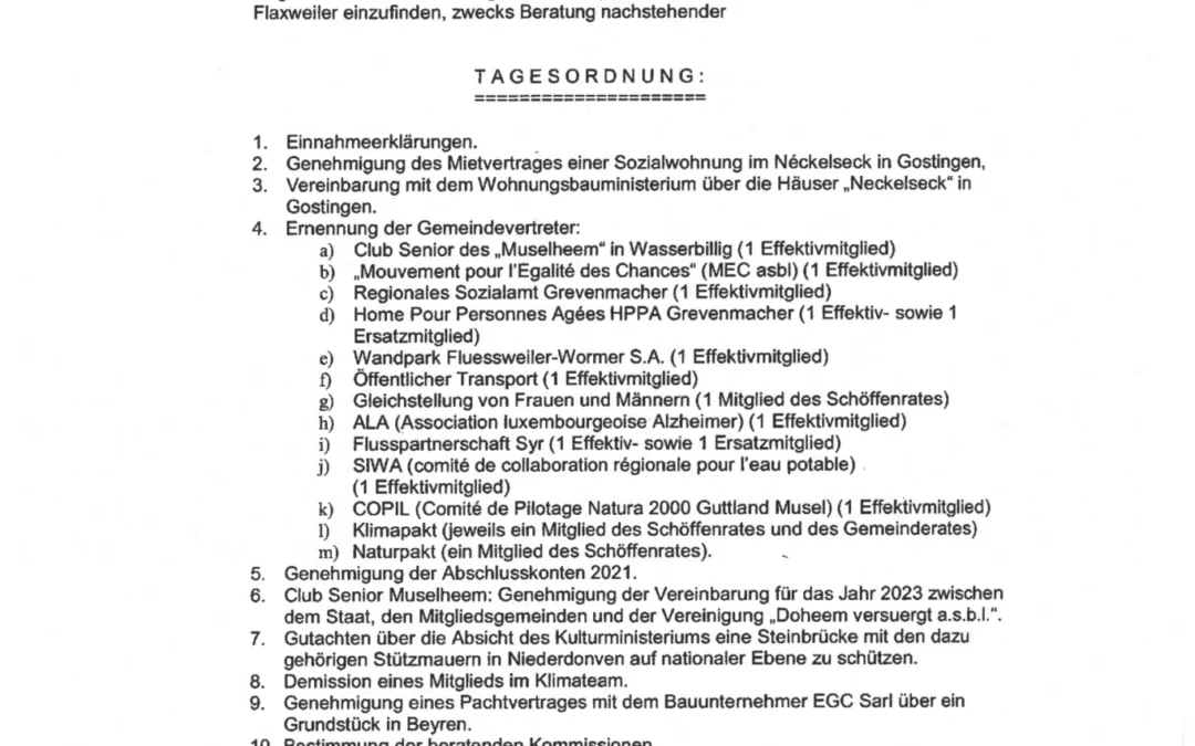 Tagesordnung der Gemeinderatssitzung – 19.09.2023