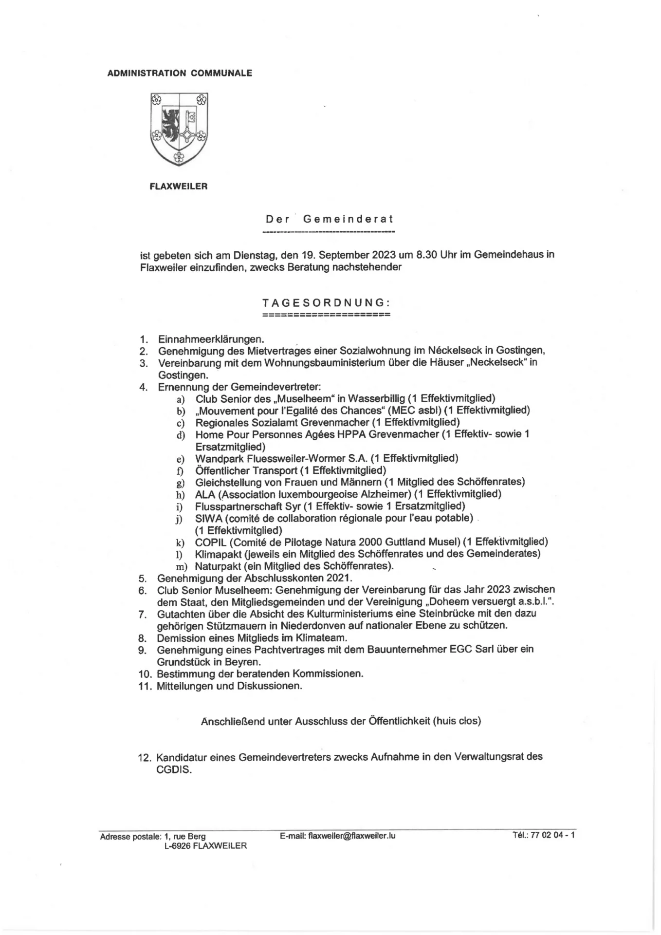 Tagesordnung - Gemeinderat - Flaxweiler 19.09.23-1