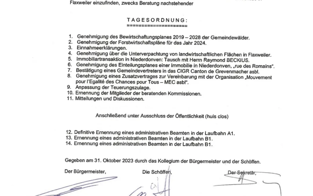 Tagesordnung der Gemeinderatssitzung – 07.11.2023