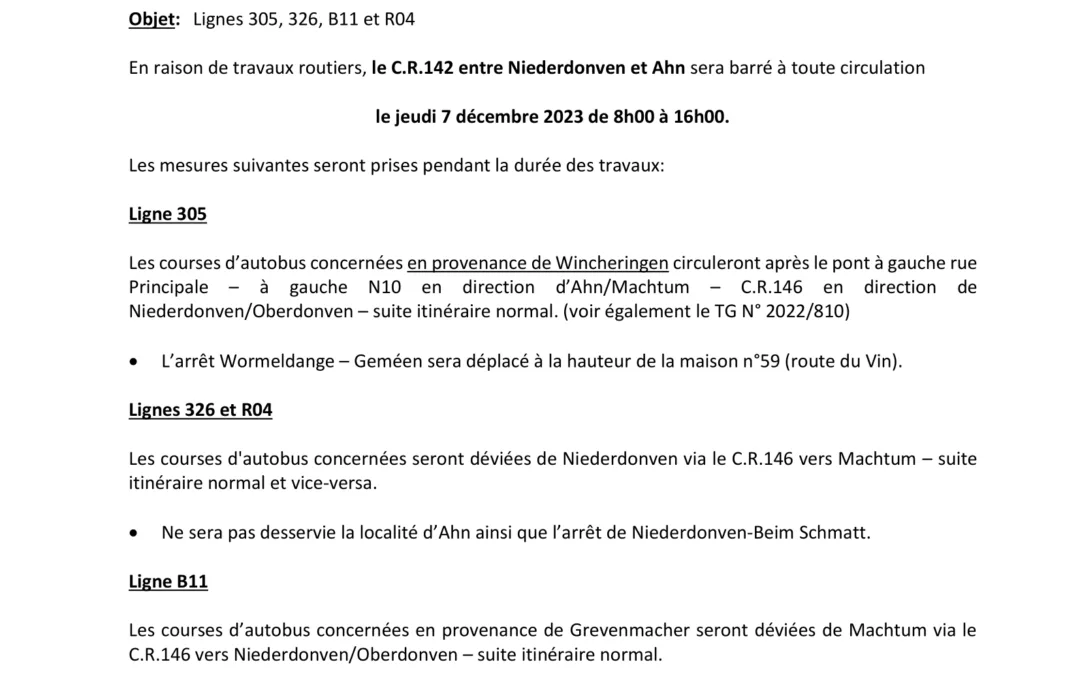 Pertubations – CR 142 entre Niederdonven et Ahn – 07/12/2023