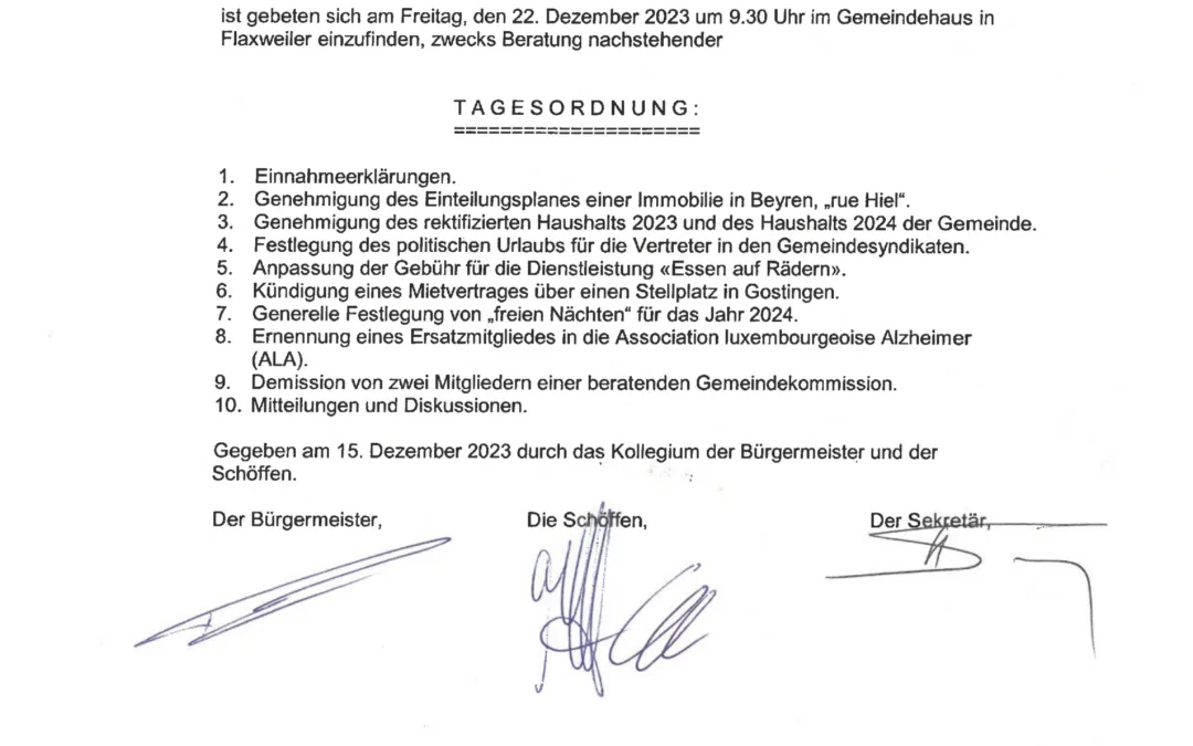Tagesordnung der Gemeinderatssitzung – 22.12.23