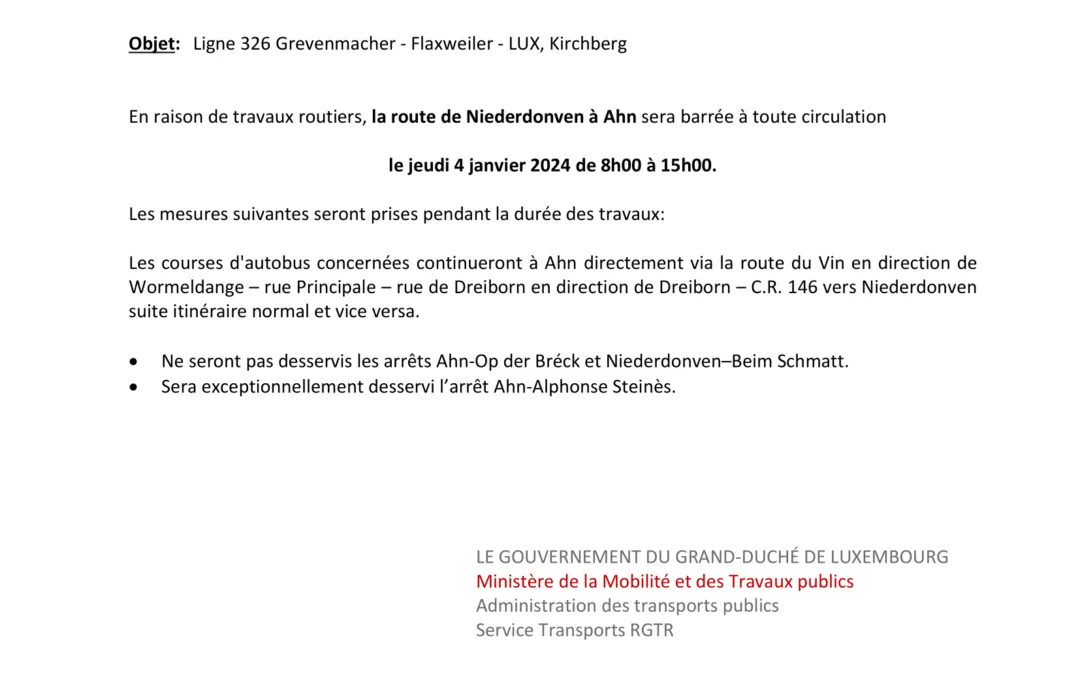 AVIS – Pertubation – Ligne 326 Grevenmacher – Flaxweiler – LUX, Kirchberg – 04/01/24