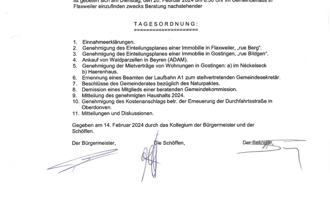 Tagesordnung der Gemeinderatssitzung – 20.02.24