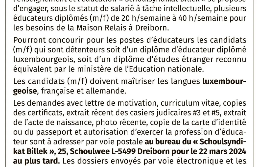 BILLEK – Vacance de poste – éducateurs diplômés