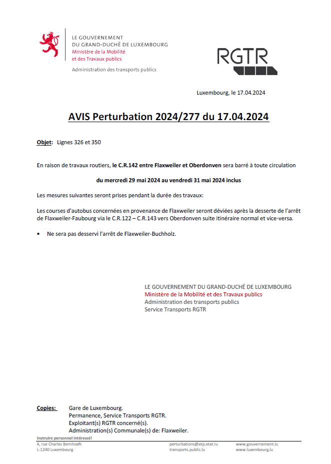 AVIS Perturbation entre Flaxweiler et Oberdonven du mercredi 29 mai 2024 au vendredi 31 mai 2024 inclus