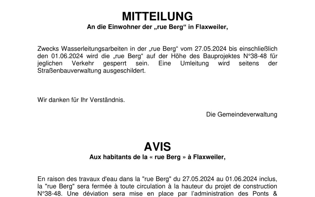 AVIS – travaux d’eau – rue Berg à Flaxweiler