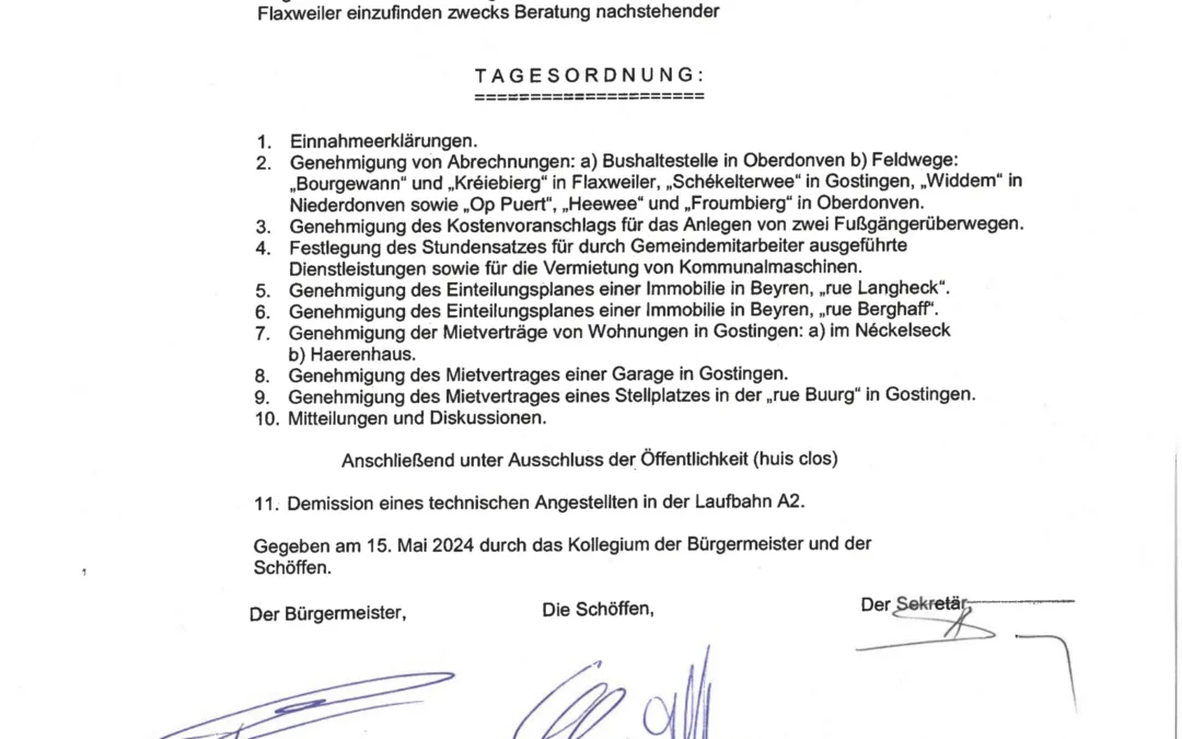Tagesordnung der Gemeinderatssitzung – 21.05.24