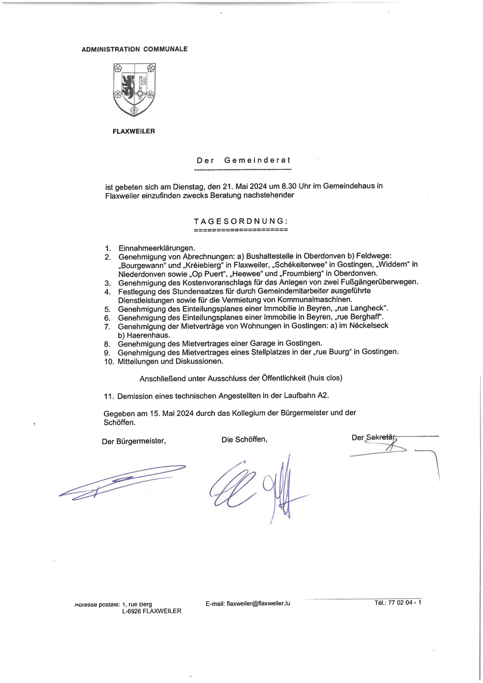 Tagesordnung der Gemeinderatssitzung – 21.05.24