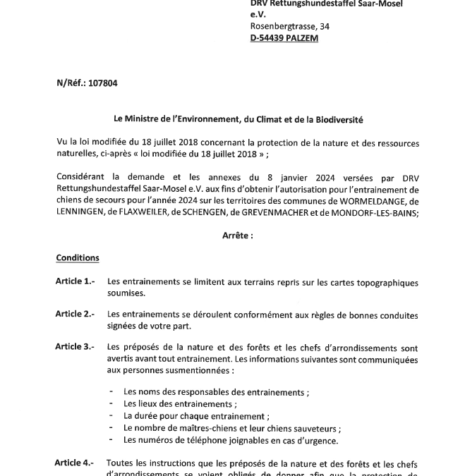 Autorisation – Ministre de l’Environnement, du Climat et de la Biodiversité – Commune de Flaxweiler – Réf.107804