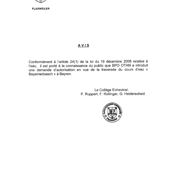 Demande d’autorisation – BPO OTAN – Traversée du cours d’eau à Beyren – Administration de la Gestion de l’Eau – Réf. EAU-AUT-24-0561