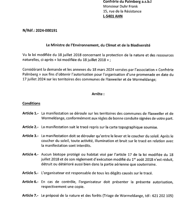 Autorisation – Ministre de l’Environnement, du Climat et de la Biodiversité – Commune de Flaxweiler – Réf.2024 – 000191