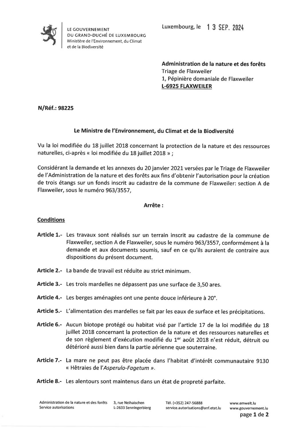 Autorisation – Ministre de l’Environnement, du Climat et de la Biodiversité – Administration de la nature et des forêts – Réf. 98225