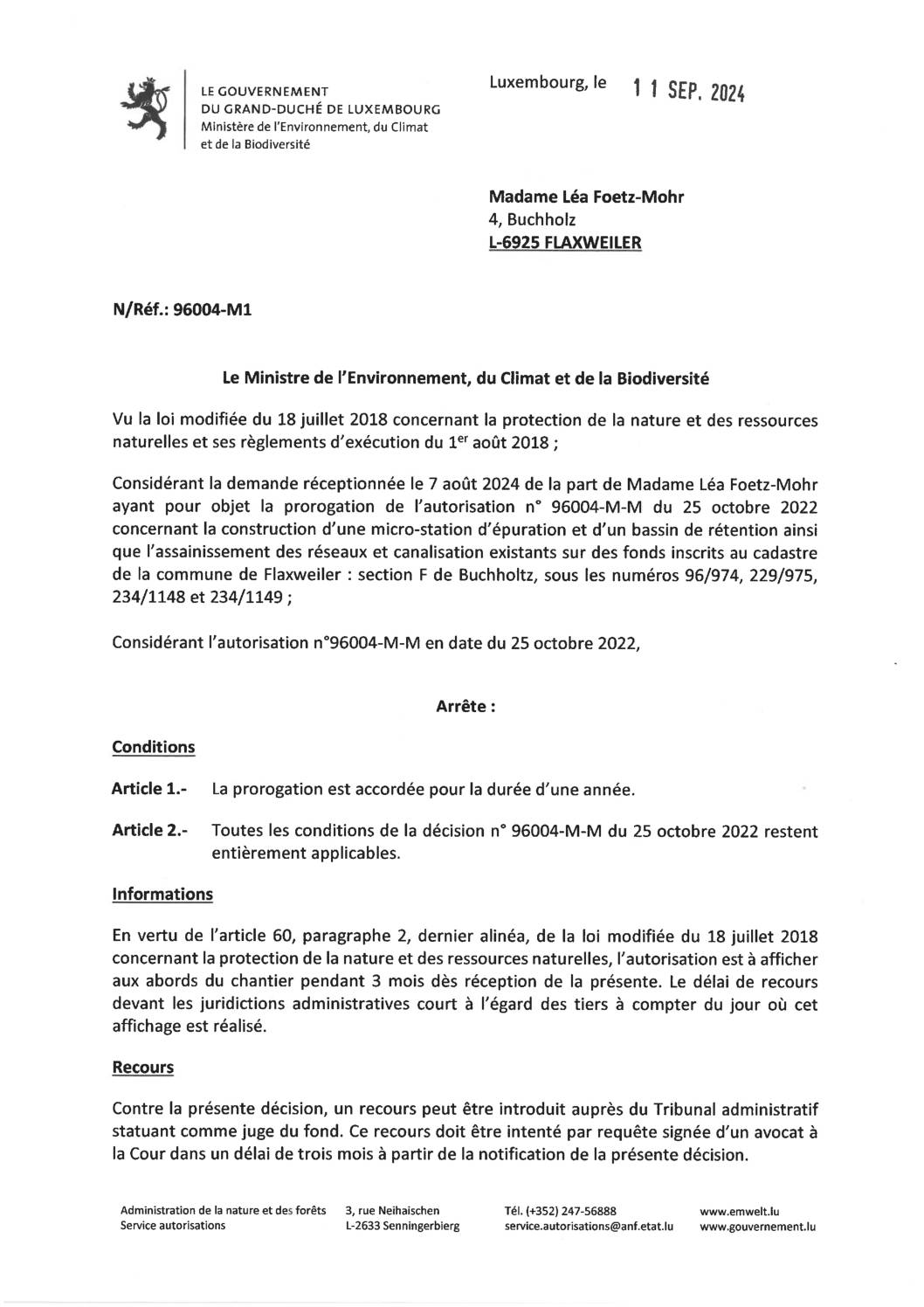 Autorisation d'une prorogation - Ministre de l'Environnement, du Climat et de la Biodiversité - Madame Léa Foetz-Mohr - Réf. 96004-M1