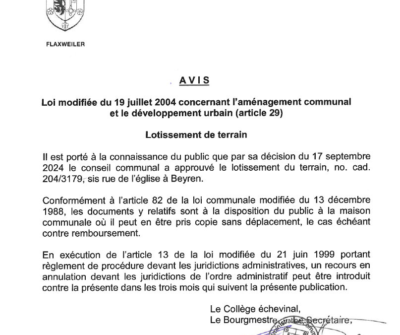 Avis – Loi modifiée du 19 juillet 2004 concernant l’aménagement communal et le développement urbain – Lotissement de terrain à Beyren