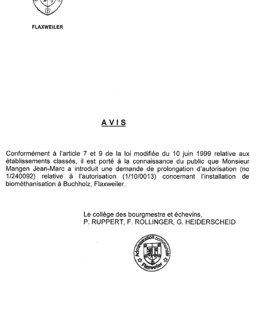 Demande de prolongation d’autorisation concernant l’installation de biométhanisation – Monsieur Mangen – Réf. 1/24/0092