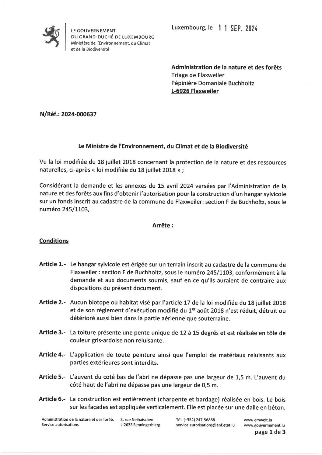 Autorisation - Ministre de l'Environnement, du Climat et de la Biodiversité - Administration de la nature et des forêts - Réf. 2024-000637