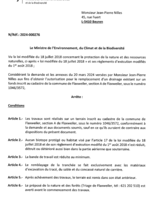 Autorisation – Ministre de l’Environnement, du Climat et de la Biodiversité – Monsieur Jean - Réf. 2024-000276