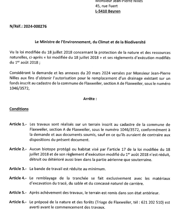 Autorisation – Ministre de l’Environnement, du Climat et de la Biodiversité – Monsieur Jean – Réf. 2024-000276