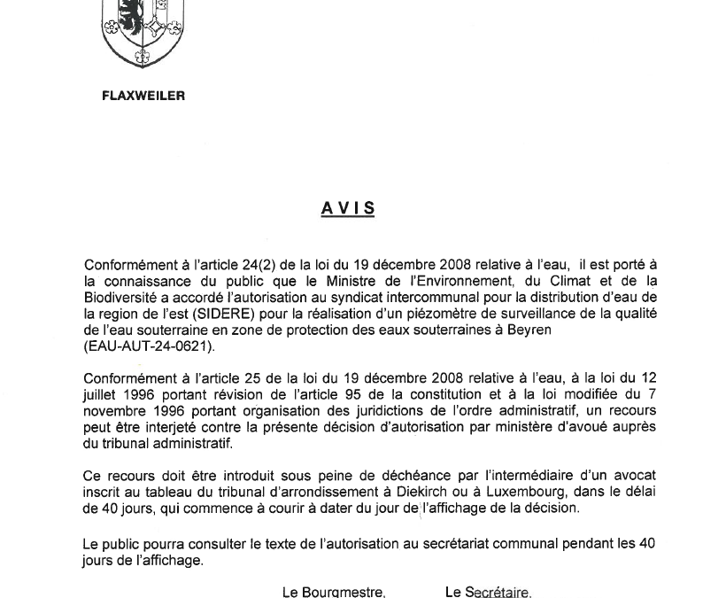 Autorisation – Ministre de l’Environnement, du Climat et de la Biodiversité – SIDERE – Réf. EAU-AUT-24-0621