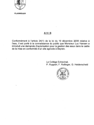 Demande d’autorisation – Monsieur Luc Hansen – La gestion d'eau dans le cadre de la mise en conformité d'un site agricole à Beyren