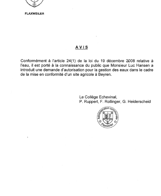 Demande d’autorisation – Monsieur Luc Hansen – La gestion d’eau dans le cadre de la mise en conformité d’un site agricole à Beyren