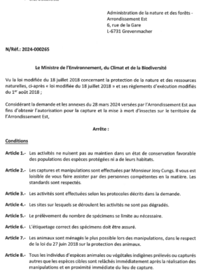 Autorisation – Ministre de l’Environnement, du Climat et de la Biodiversité – Arrondissement Est – Réf. 2024-000265