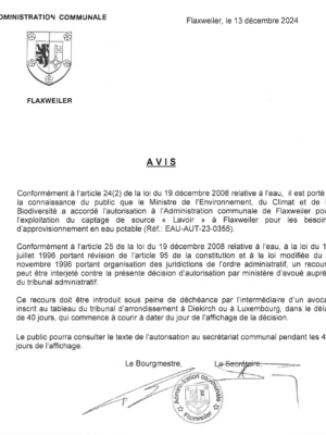 Autorisation – Ministre de l’Environnement, du Climat et de la Biodiversité – Administration communale de Flaxweiler – Réf. EAU-AUT-23-0355