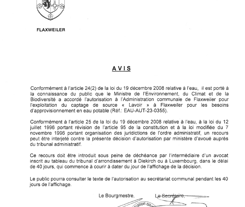 Autorisation – Ministre de l’Environnement, du Climat et de la Biodiversité – Administration communale de Flaxweiler – Réf. EAU-AUT-23-0355