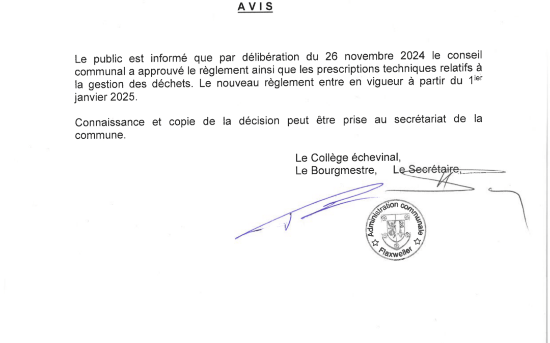 Avis au public – Règlement et prescriptions techniques relatifs à la gestion des déchets