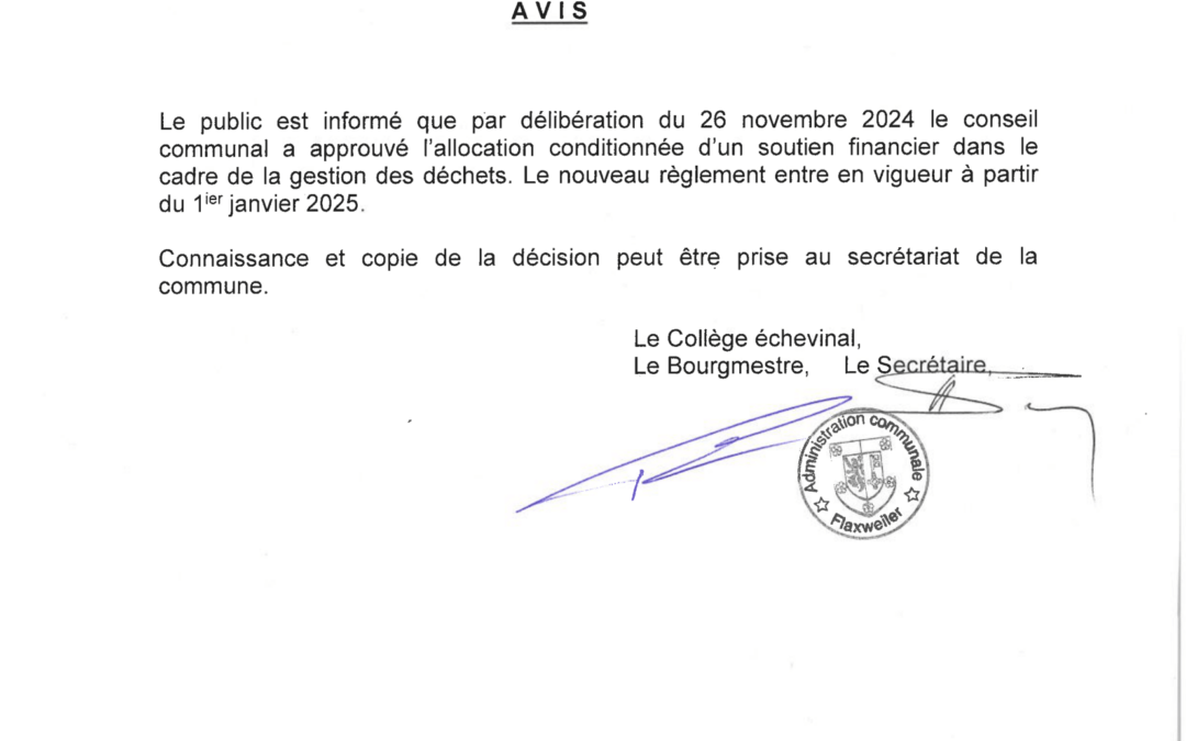 Avis au public – Soutien financier dans le cadre de la gestion des déchets