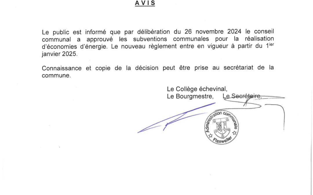 Avis au public – Subventions communales pour la réalisation d&rsquo;économies d&rsquo;énergie