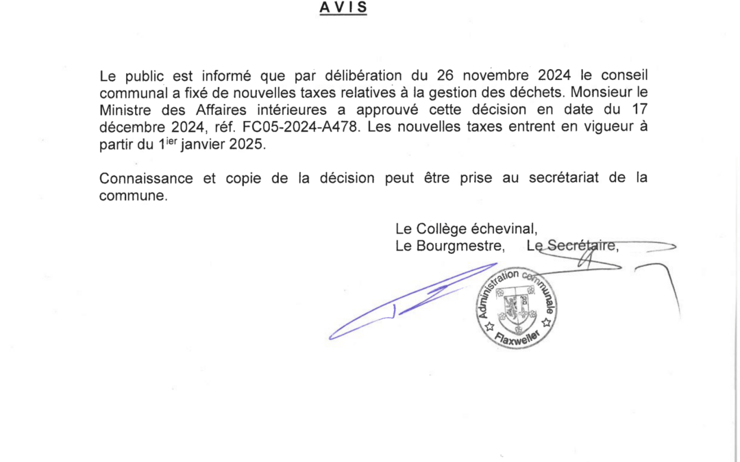 Avis au public – Nouvelles Taxes relatives à la gestion des déchets – Réf. FC05-2024-A478