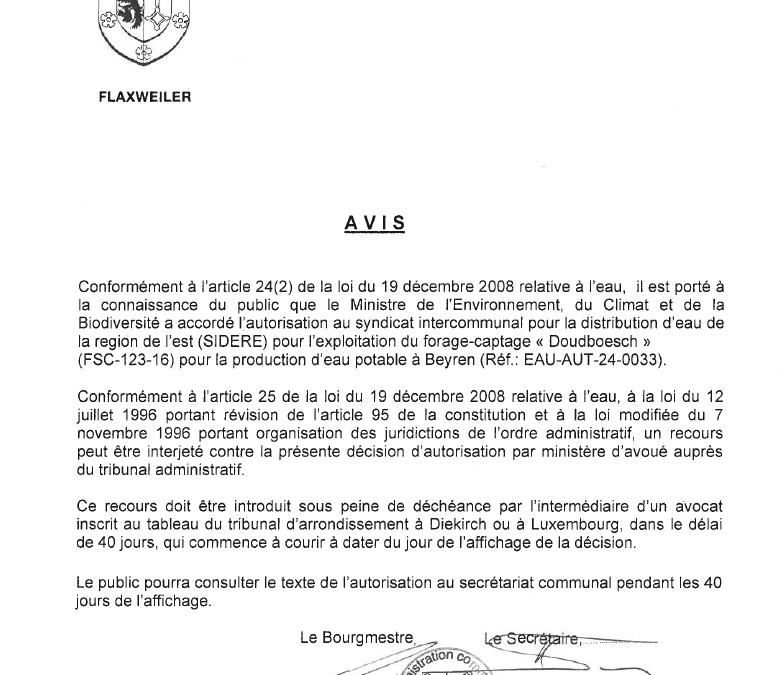 Autorisation – Ministre de l’Environnement, du Climat et de la Biodiversité – SIDERE – Réf. EAU-AUT-24-0033