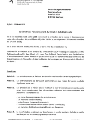 Autorisation – Ministre de l’Environnement, du Climat et de la Biodiversité – DRV Rettungshundestaffel Saar-Mosel e.V. – Réf. 2024-002072