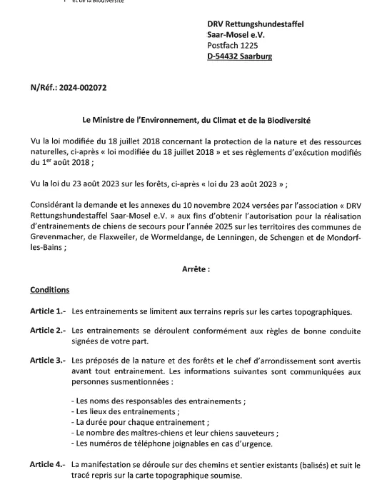 Autorisation – Ministre de l’Environnement, du Climat et de la Biodiversité – DRV Rettungshundestaffel Saar-Mosel e.V. – Réf. 2024-002072