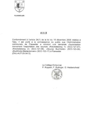 Demande d’autorisation – Administration communale de Flaxweiler – Exploitation des sources à Beyren, Oberdonven et Niederdonven – EAU-AUT-25-0413