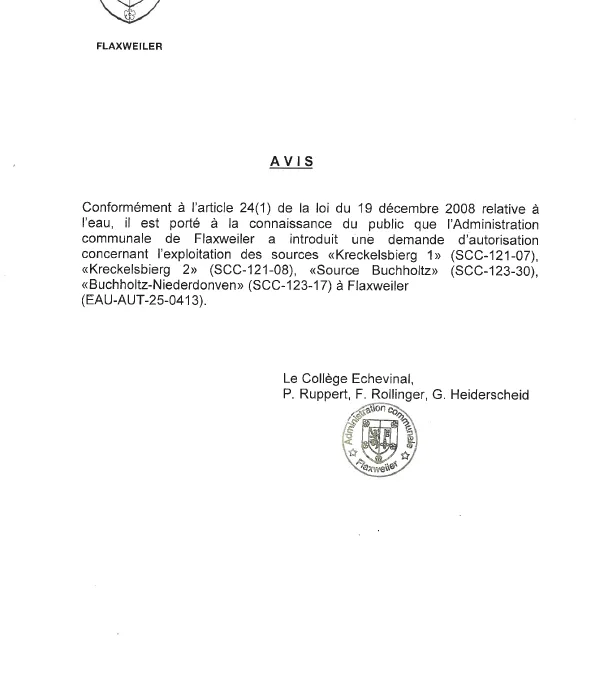 Demande d’autorisation – Administration communale de Flaxweiler – Exploitation des sources à Beyren, Oberdonven et Niederdonven – EAU-AUT-25-0413