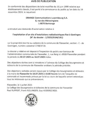 Demande d'autorisation relative à l'exploitation d'un site d'installations radioélectriques fixe à Gostingen - Orange Communications Luxembourg S.A. - 1/2025/0184/181