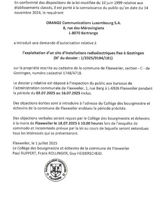 Demande d&rsquo;autorisation relative à l&rsquo;exploitation d&rsquo;un site d&rsquo;installations radioélectriques fixe à Gostingen – Orange Communications Luxembourg S.A. – 1/2025/0184/181