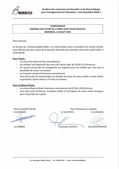 BILLEK – dispense des cours de l’après-midi pour canicule – 02/07/25
