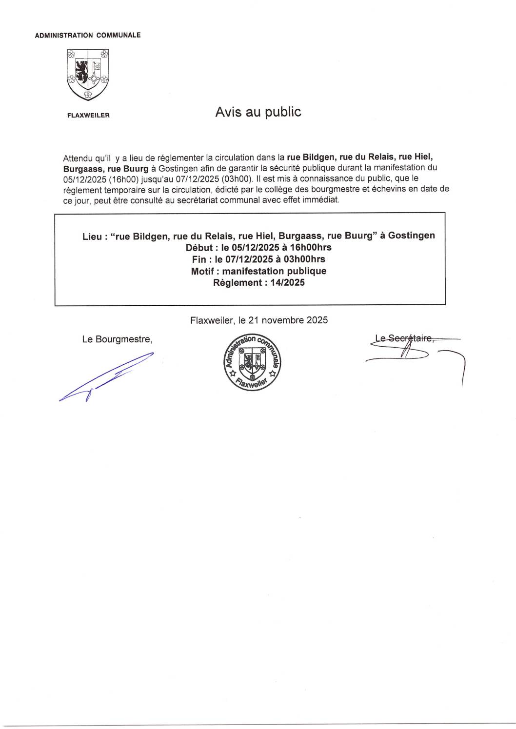 Avis au public – règlement temporaire de circulation – Gostingen