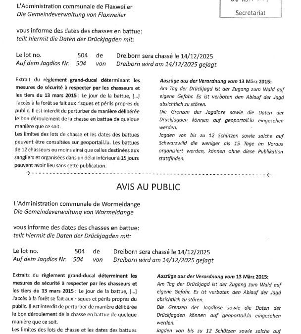 Avis au public – Chasse en battue le 14/12/2025 – Lot no. 504