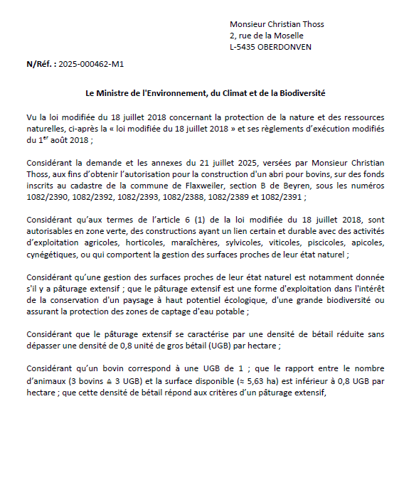 Autorisation – Ministère de l’Environnement, du Climat et de la Biodiversité – Monsieur Christian Thoss – réf.: 2025-000462-M1
